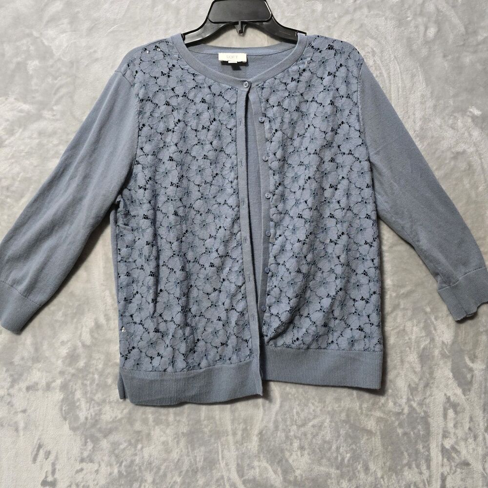 Loft Floral Lace Front Cardigan Sweater Women XL Blue Gray Casual Button Up